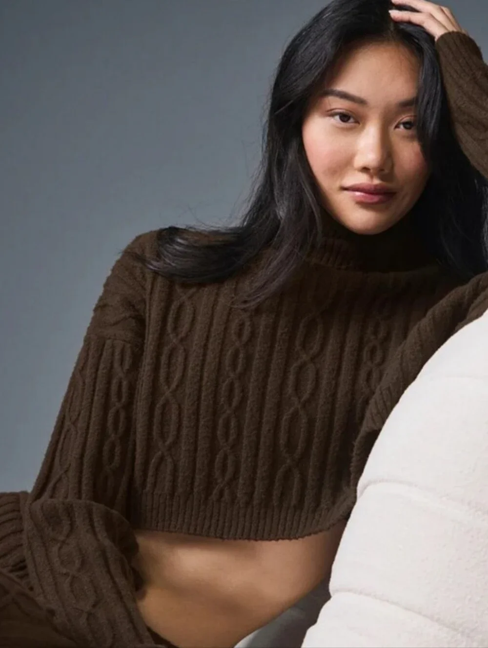 ALO YOGA CABLE KNIT CROPPED WINTER BLISS TURTLENECK SWEATER ESPRESSO BROWN